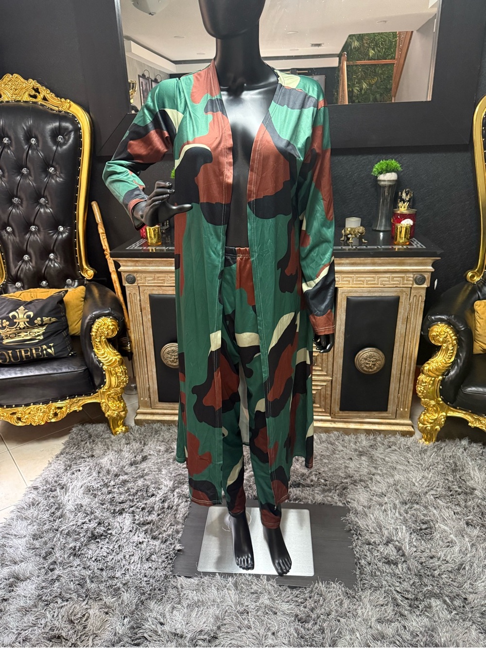 Long Open-Front Green Camo Maxi Dress